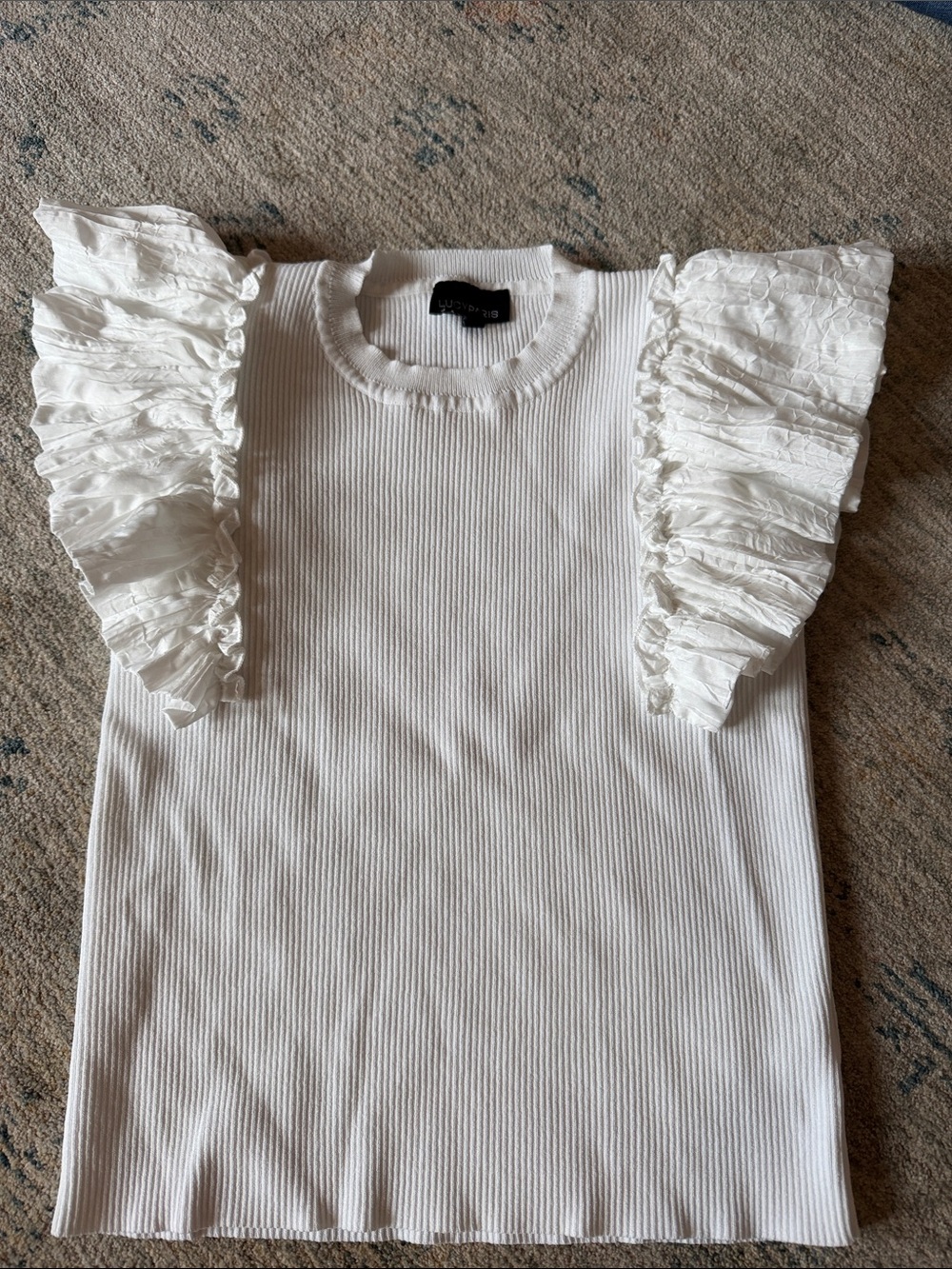 Lucy Paris White Ruffle Sleeve Ribbed Tank